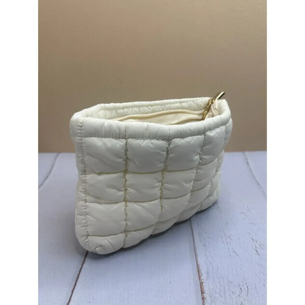 Puffy Quilted Makeup Bag White Checkered Travel Cosmetic Toiletry‎ NEW